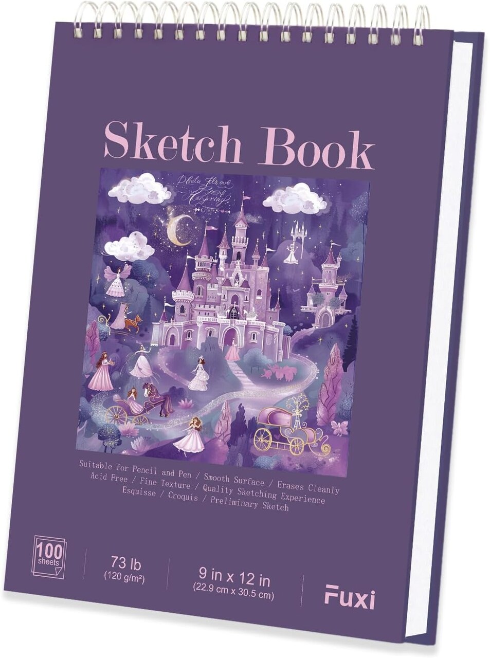 Purple Sketchbook 9x12 Spiral Drawing Pad 100 Sheets for Girls Kids Beginners